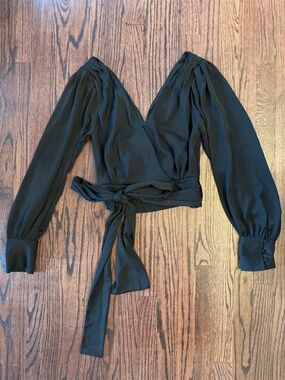 Banana Republic Black Long-Sleeve Wrap Blouse with Tie
